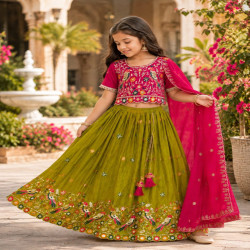 Girls Embroidered Chinon Lehenga Choli with Dupatta